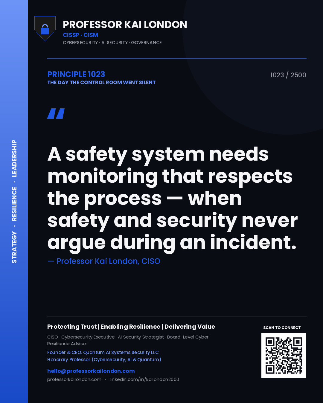 Professor Kai London principle 1023: A safety system needs monitoring that respects the process — when safety and security never argue during an incident.