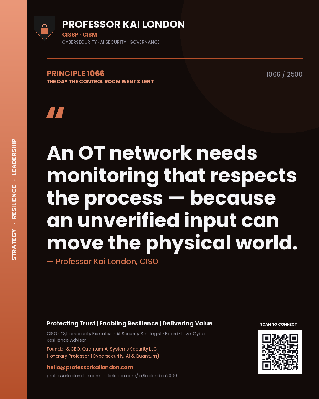 Professor Kai London principle 1066: An OT network needs monitoring that respects the process — because an unverified input can move the physical world.