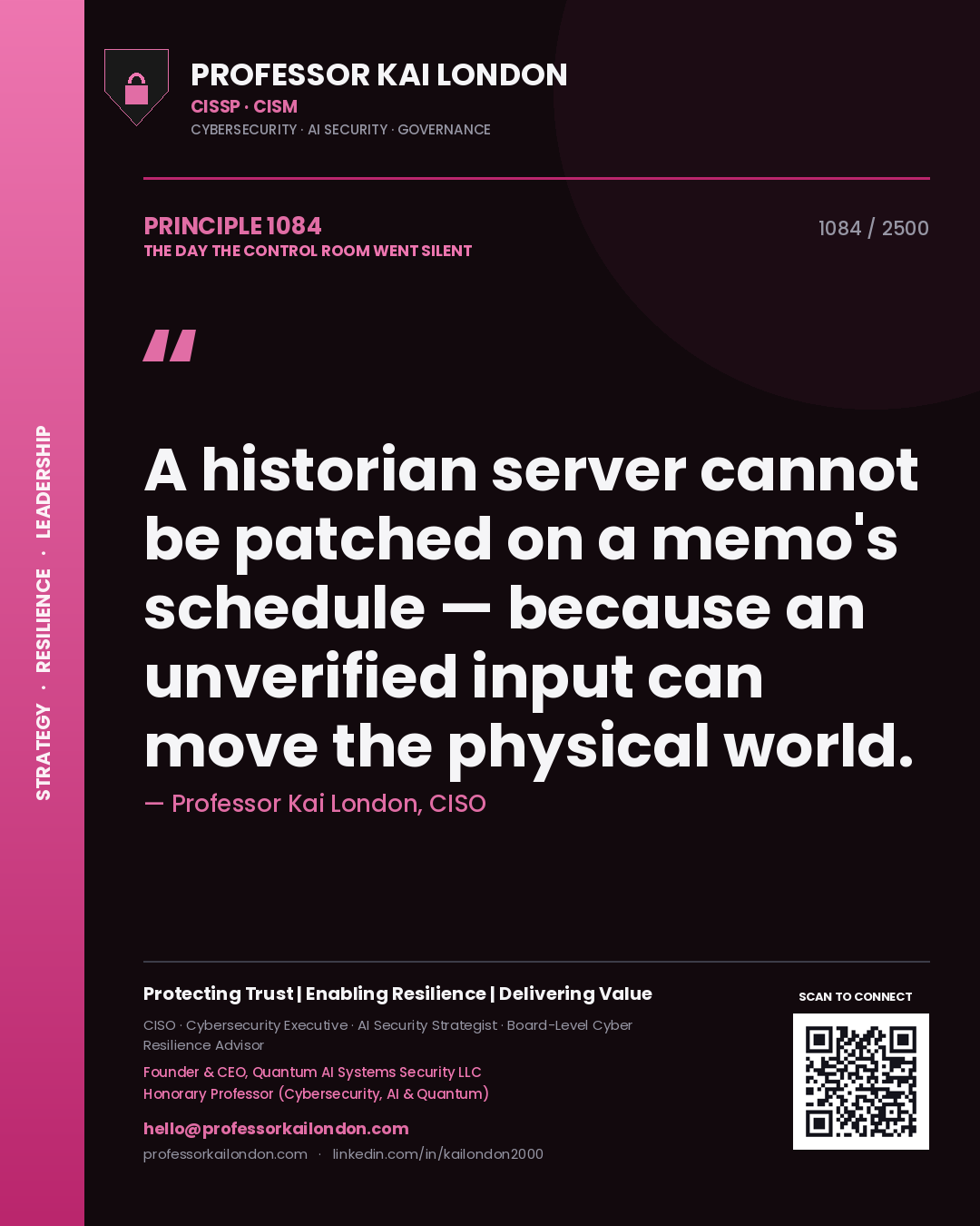 Professor Kai London principle 1084: A historian server cannot be patched on a memo's schedule — because an unverified input can move the physical world.