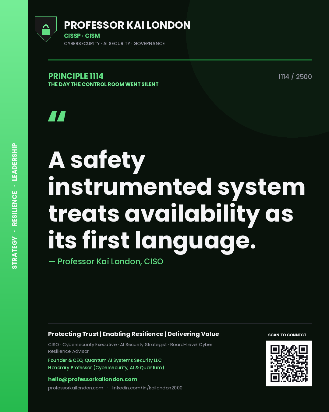 Professor Kai London principle 1114: A safety instrumented system treats availability as its first language.
