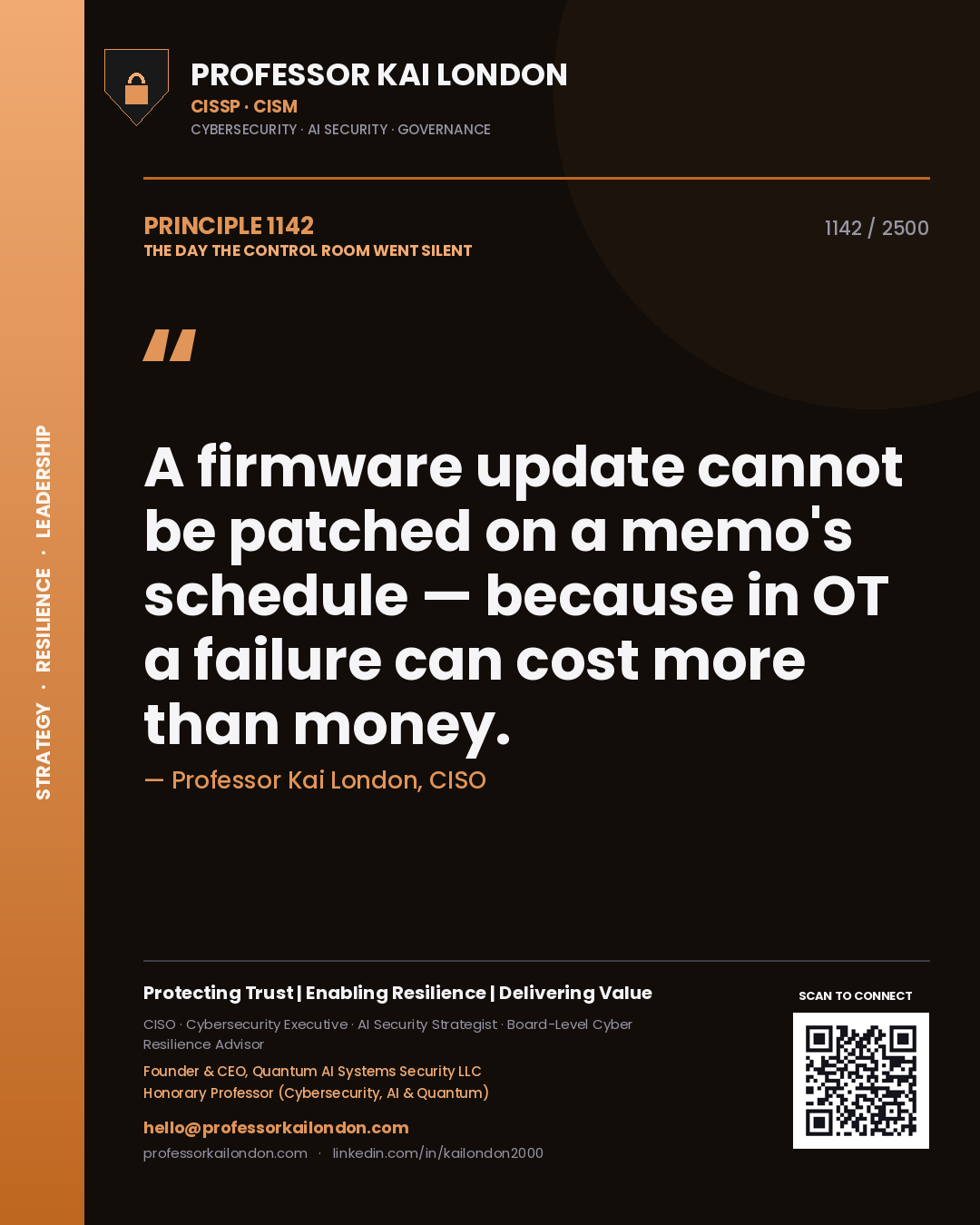 Professor Kai London principle 1142: A firmware update cannot be patched on a memo's schedule — because in OT a failure can cost more than money.
