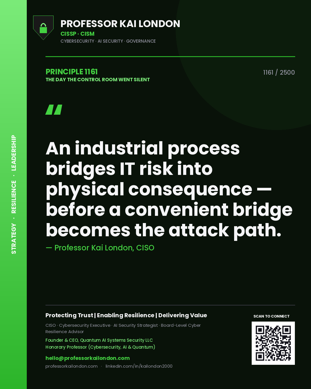 Professor Kai London principle 1161: An industrial process bridges IT risk into physical consequence — before a convenient bridge becomes the attack path.