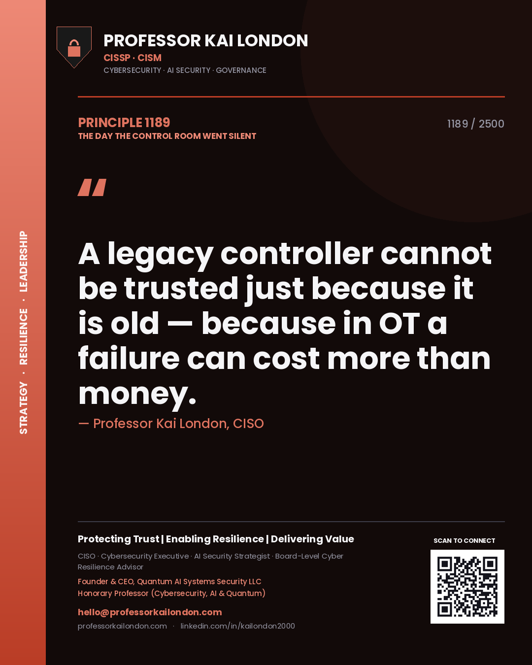 Professor Kai London principle 1189: A legacy controller cannot be trusted just because it is old — because in OT a failure can cost more than money.
