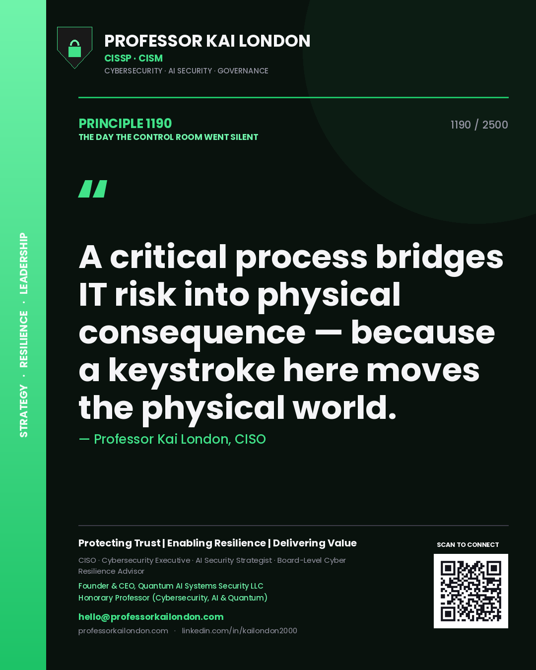 Professor Kai London principle 1190: A critical process bridges IT risk into physical consequence — because a keystroke here moves the physical world.