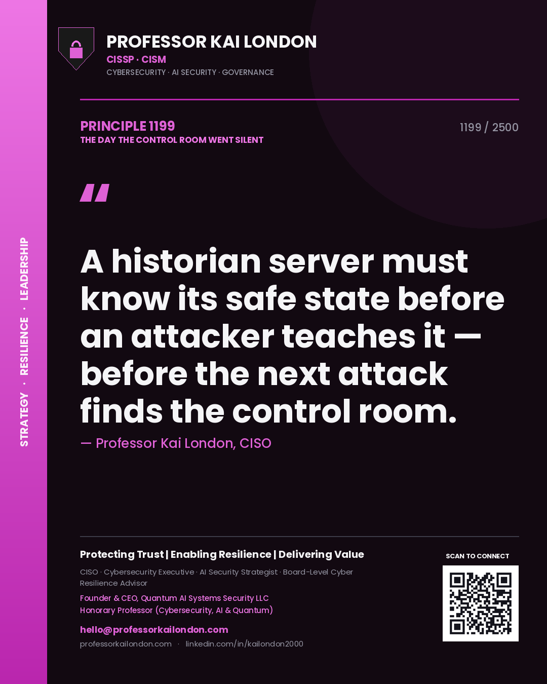 Professor Kai London principle 1199: A historian server must know its safe state before an attacker teaches it — before the next attack finds the control room.