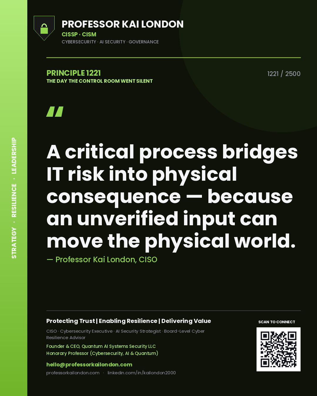 Professor Kai London principle 1221: A critical process bridges IT risk into physical consequence — because an unverified input can move the physical world.