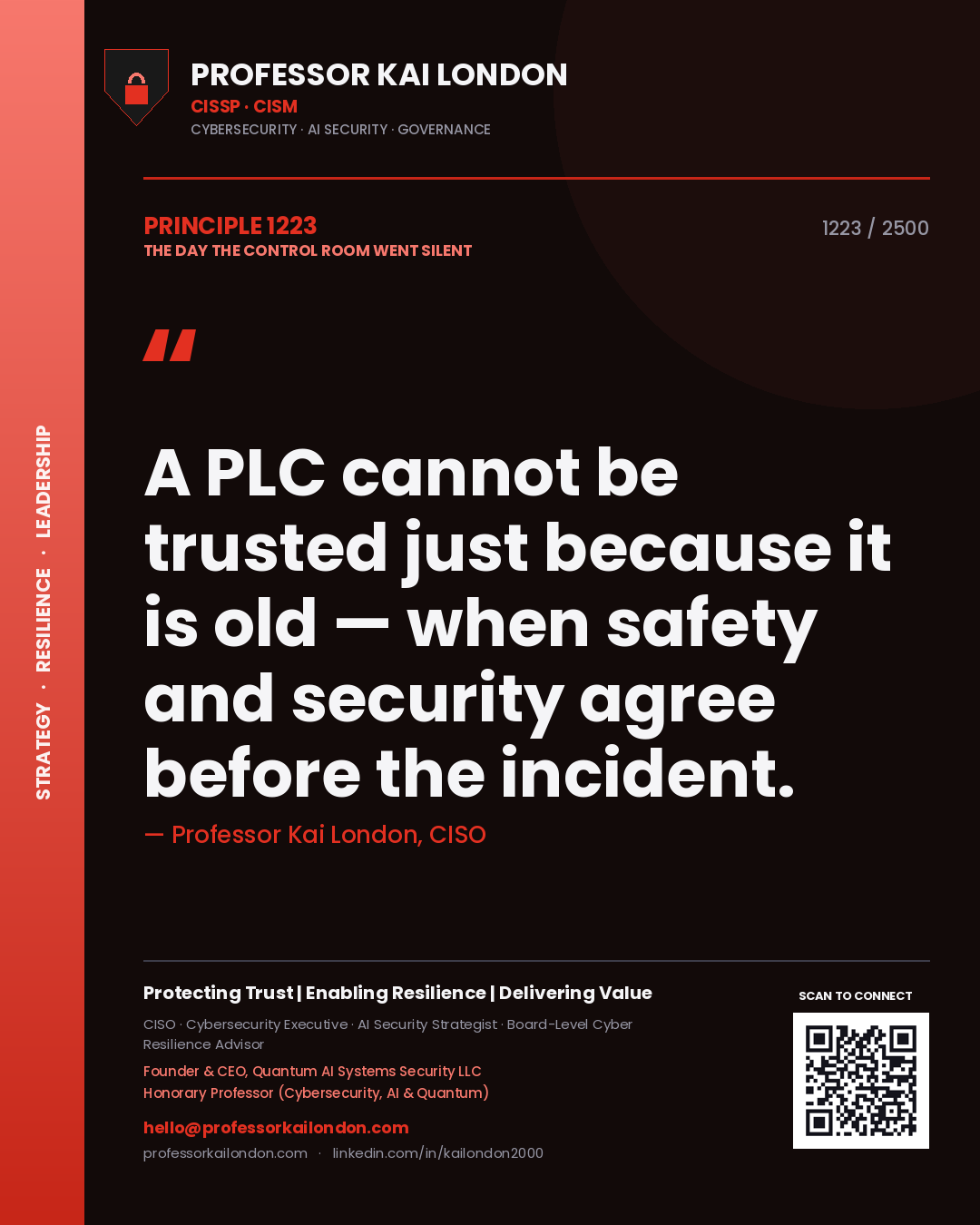 Professor Kai London principle 1223: A PLC cannot be trusted just because it is old — when safety and security agree before the incident.
