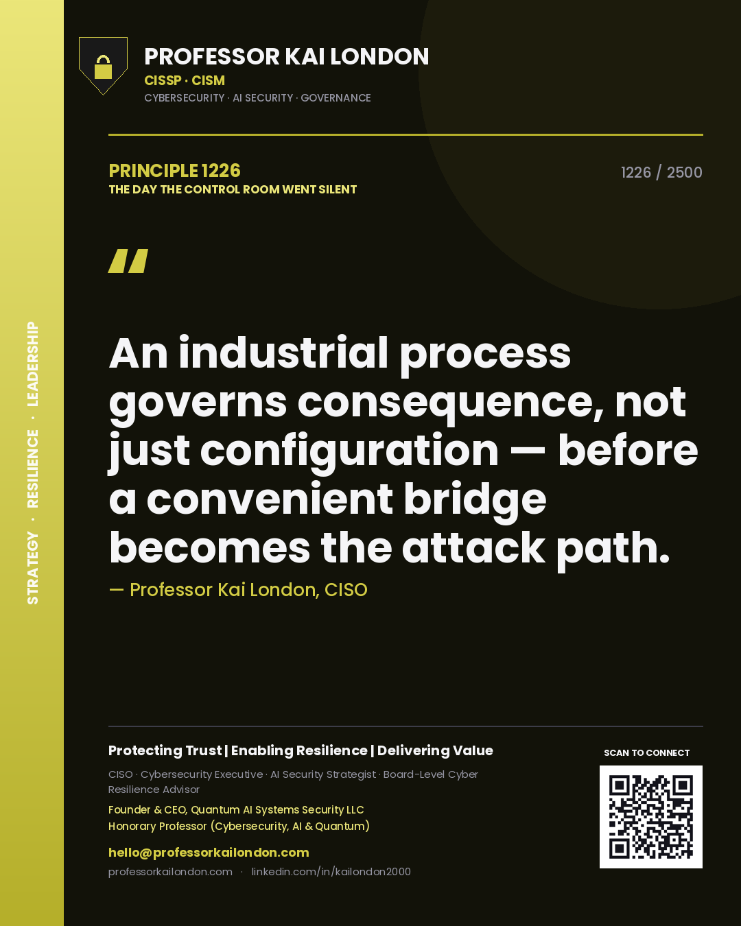 Professor Kai London principle 1226: An industrial process governs consequence, not just configuration — before a convenient bridge becomes the attack path.