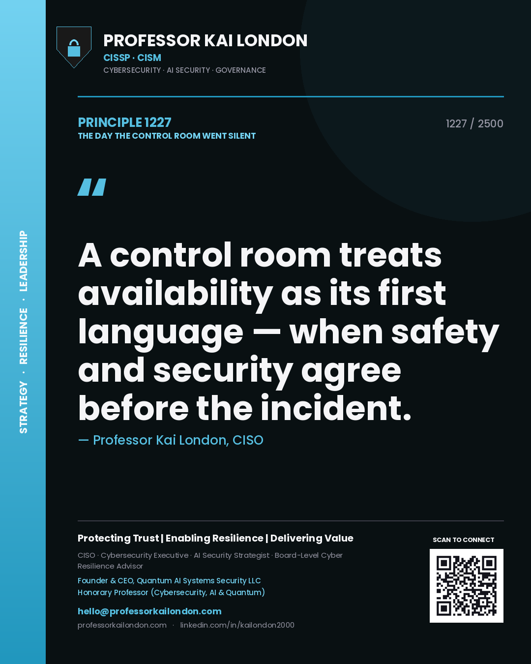 Professor Kai London principle 1227: A control room treats availability as its first language — when safety and security agree before the incident.