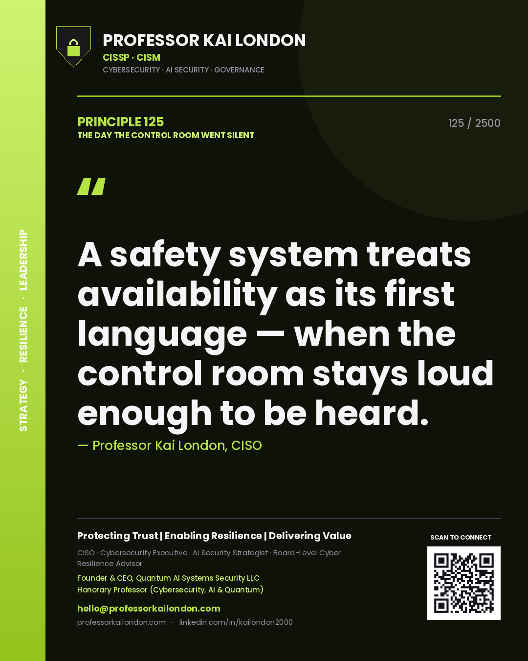 Professor Kai London principle 125: A safety system treats availability as its first language — when the control room stays loud enough to be heard.