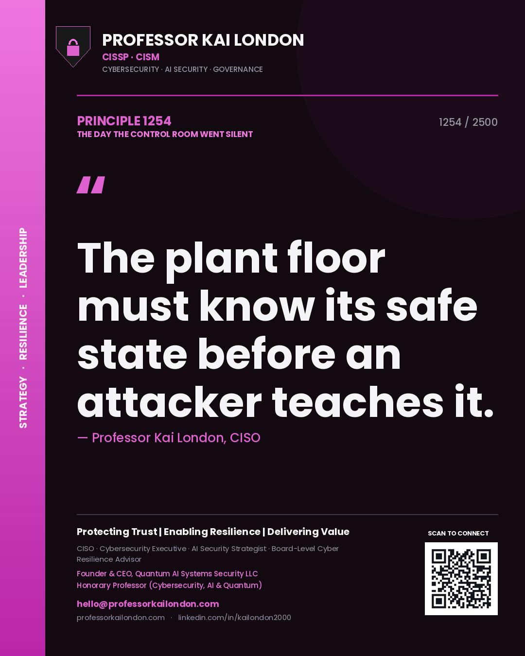 Professor Kai London principle 1254: The plant floor must know its safe state before an attacker teaches it.