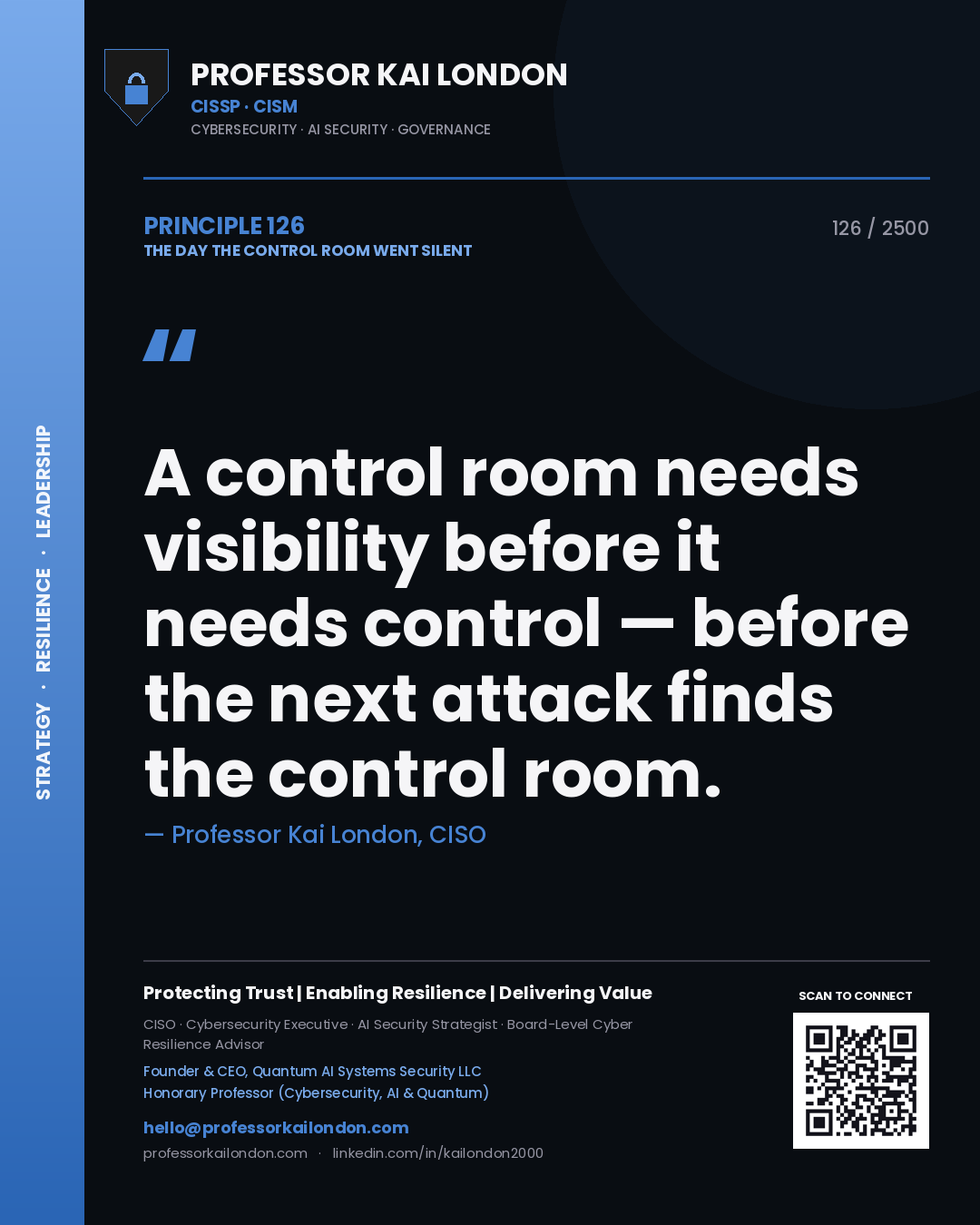 Professor Kai London principle 126: A control room needs visibility before it needs control — before the next attack finds the control room.