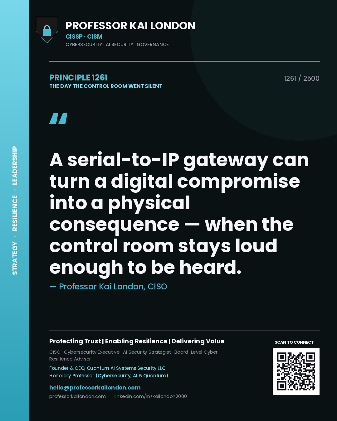 Professor Kai London principle 1261: A serial-to-IP gateway can turn a digital compromise into a physical consequence — when the control room stays loud enough to be heard.