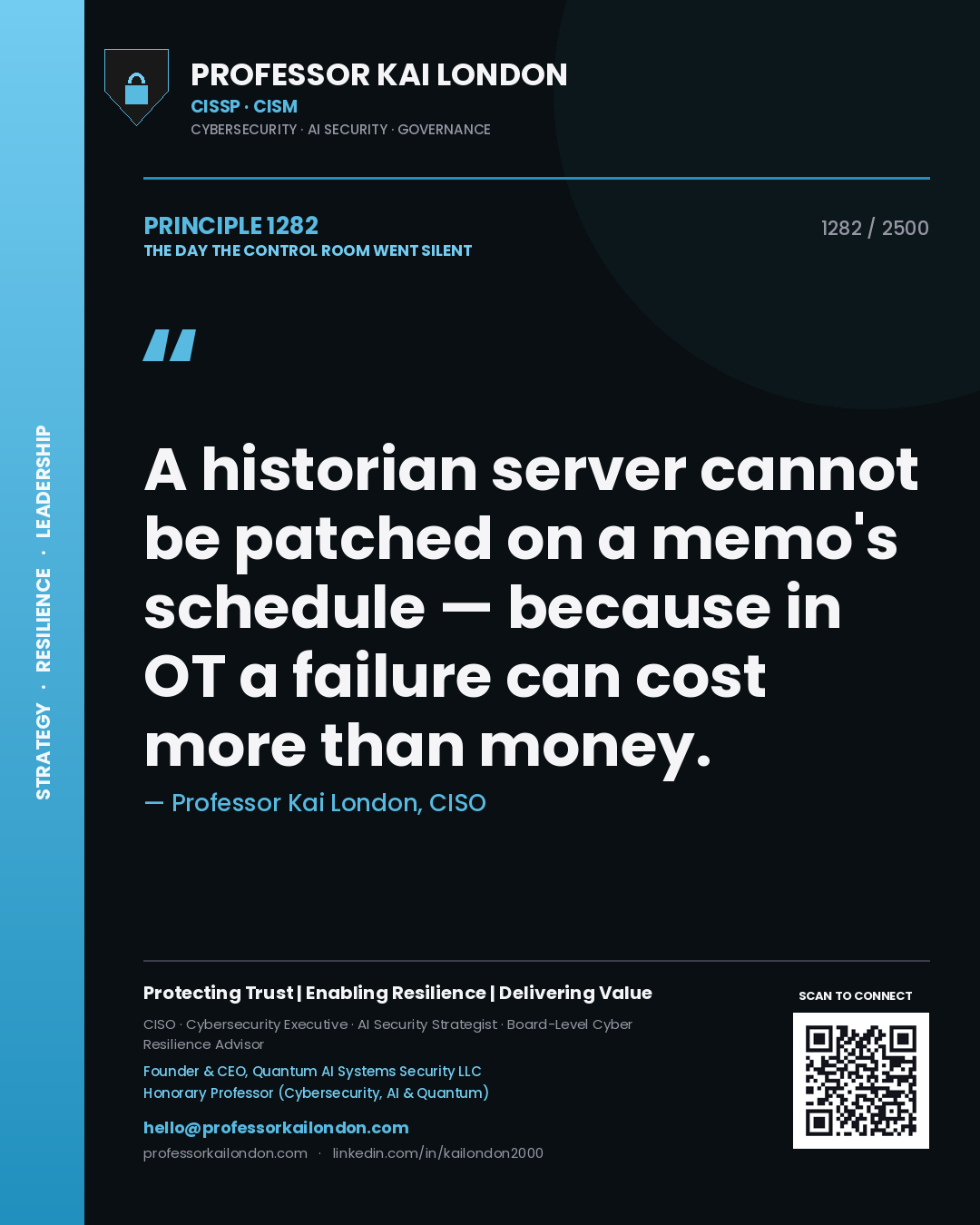 Professor Kai London principle 1282: A historian server cannot be patched on a memo's schedule — because in OT a failure can cost more than money.