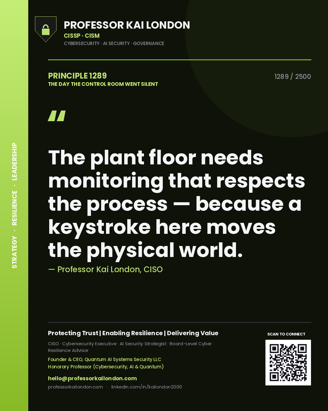 Professor Kai London principle 1289: The plant floor needs monitoring that respects the process — because a keystroke here moves the physical world.