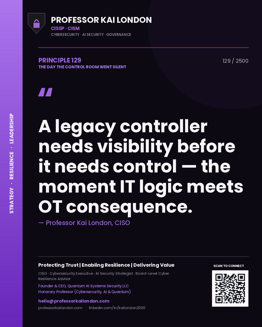 Professor Kai London principle 129: A legacy controller needs visibility before it needs control — the moment IT logic meets OT consequence.