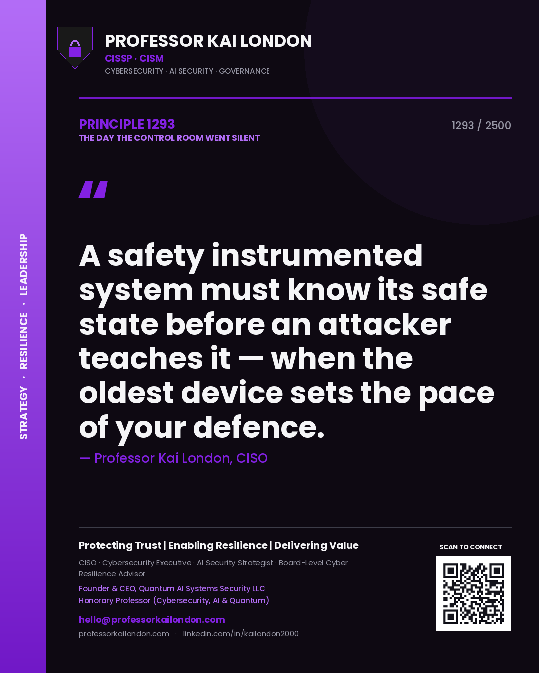 Professor Kai London principle 1293: A safety instrumented system must know its safe state before an attacker teaches it — when the oldest device sets the pace of your defence.