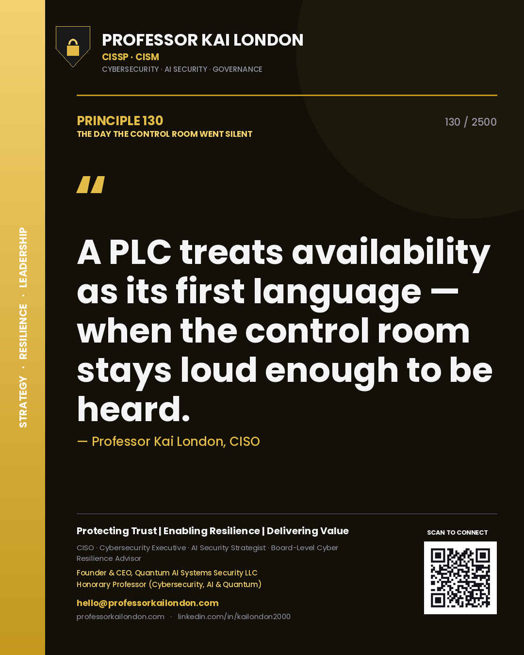 Professor Kai London principle 130: A PLC treats availability as its first language — when the control room stays loud enough to be heard.