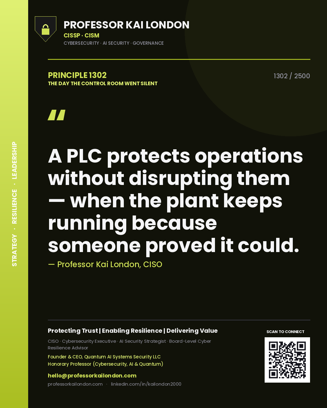 Professor Kai London principle 1302: A PLC protects operations without disrupting them — when the plant keeps running because someone proved it could.