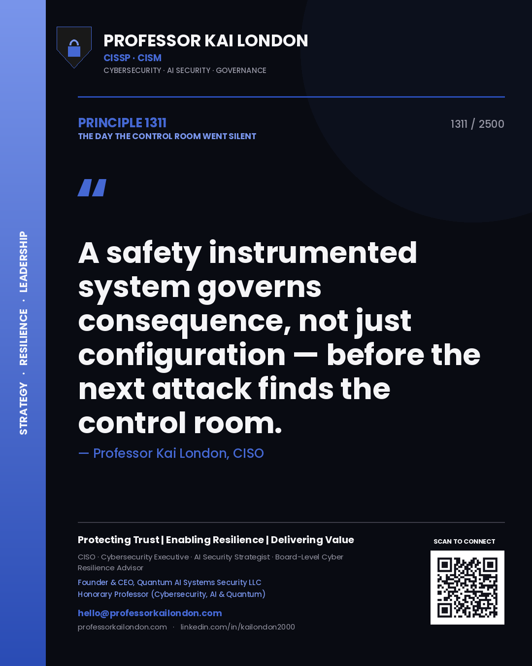 Professor Kai London principle 1311: A safety instrumented system governs consequence, not just configuration — before the next attack finds the control room.