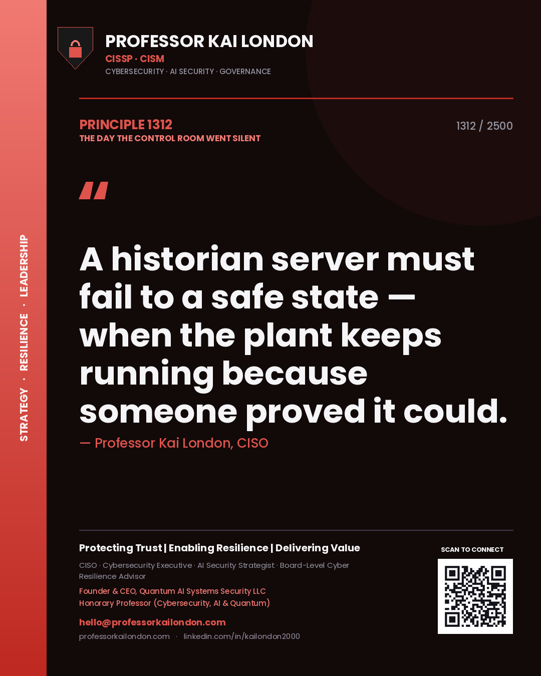 Professor Kai London principle 1312: A historian server must fail to a safe state — when the plant keeps running because someone proved it could.