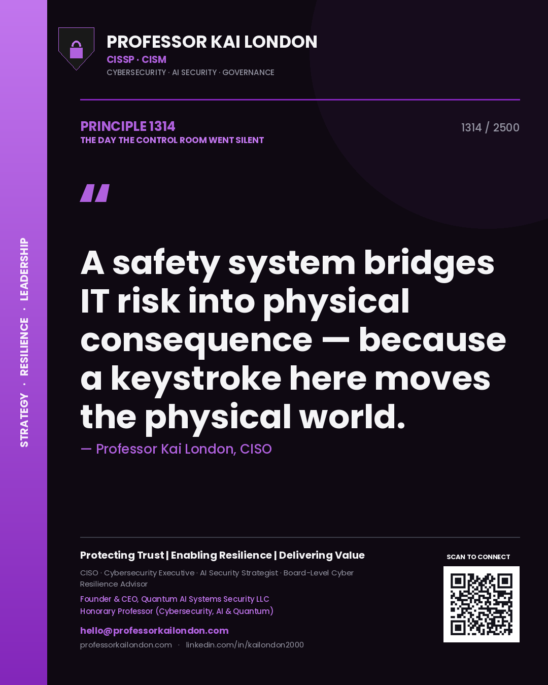 Professor Kai London principle 1314: A safety system bridges IT risk into physical consequence — because a keystroke here moves the physical world.