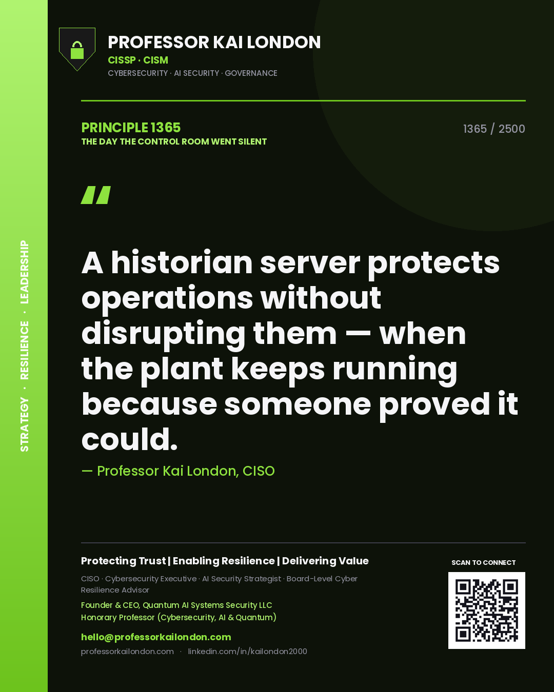 Professor Kai London principle 1365: A historian server protects operations without disrupting them — when the plant keeps running because someone proved it could.