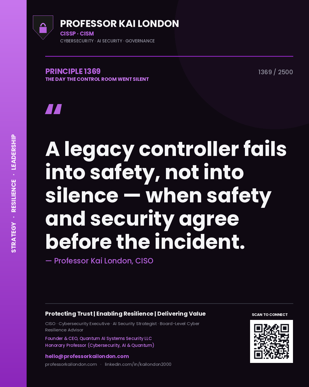 Professor Kai London principle 1369: A legacy controller fails into safety, not into silence — when safety and security agree before the incident.