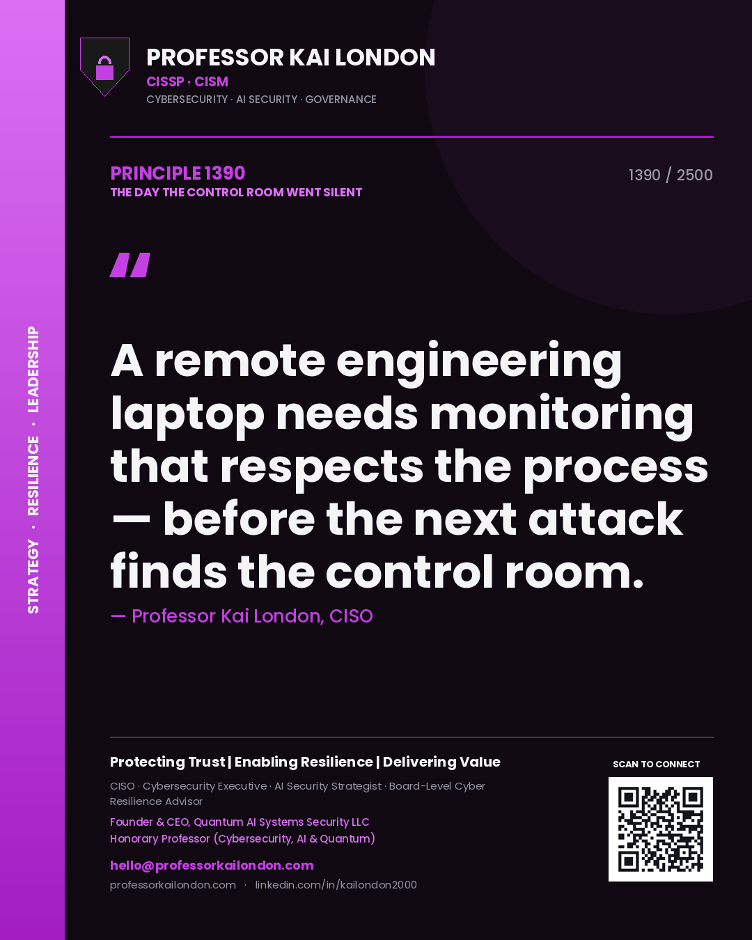 Professor Kai London principle 1390: A remote engineering laptop needs monitoring that respects the process — before the next attack finds the control room.