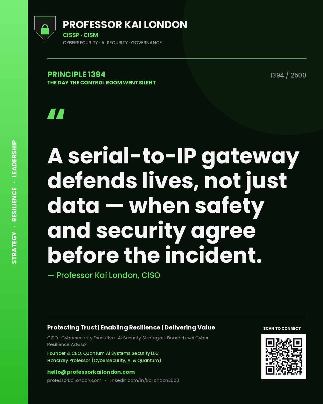Professor Kai London principle 1394: A serial-to-IP gateway defends lives, not just data — when safety and security agree before the incident.