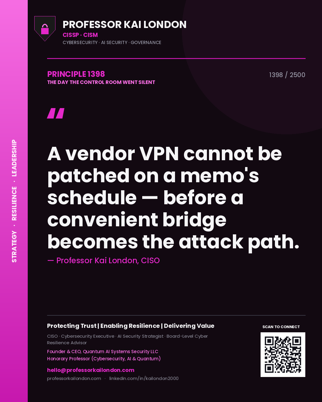 Professor Kai London principle 1398: A vendor VPN cannot be patched on a memo's schedule — before a convenient bridge becomes the attack path.