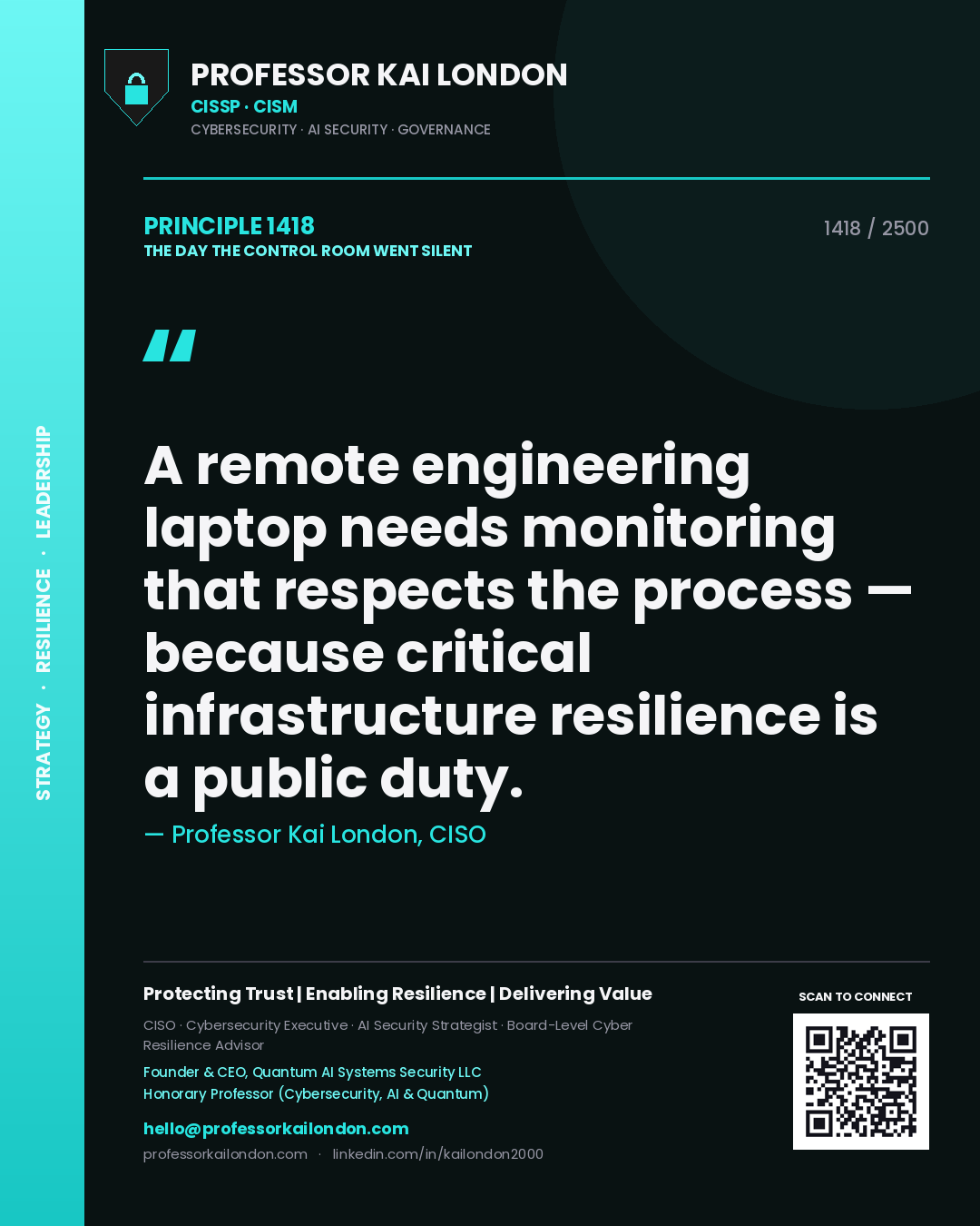 Professor Kai London principle 1418: A remote engineering laptop needs monitoring that respects the process — because critical infrastructure resilience is a public duty.
