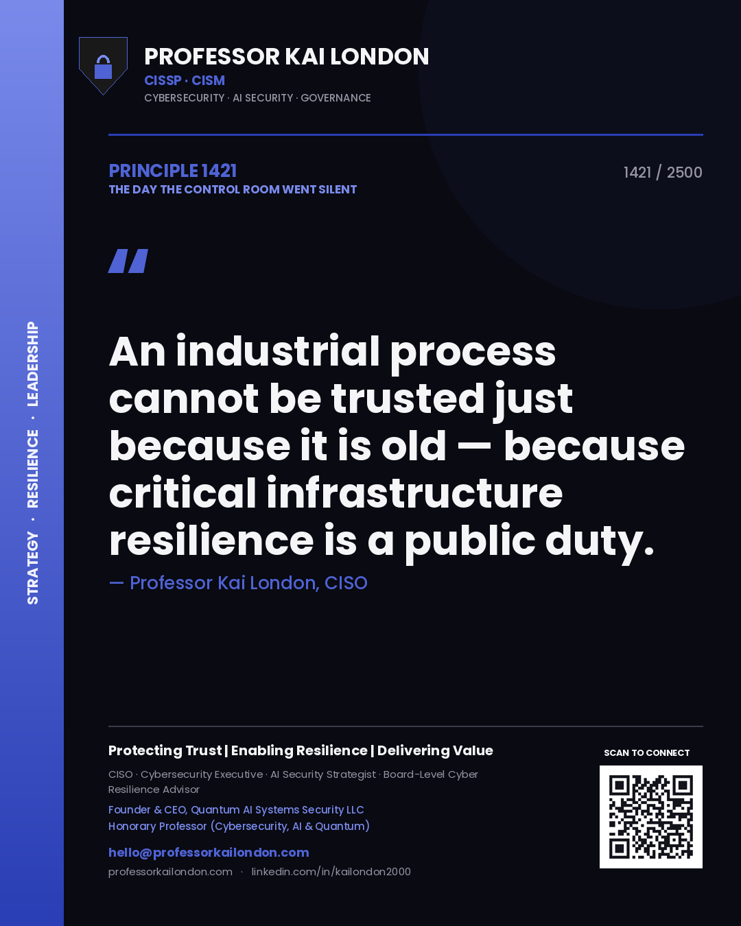 Professor Kai London principle 1421: An industrial process cannot be trusted just because it is old — because critical infrastructure resilience is a public duty.