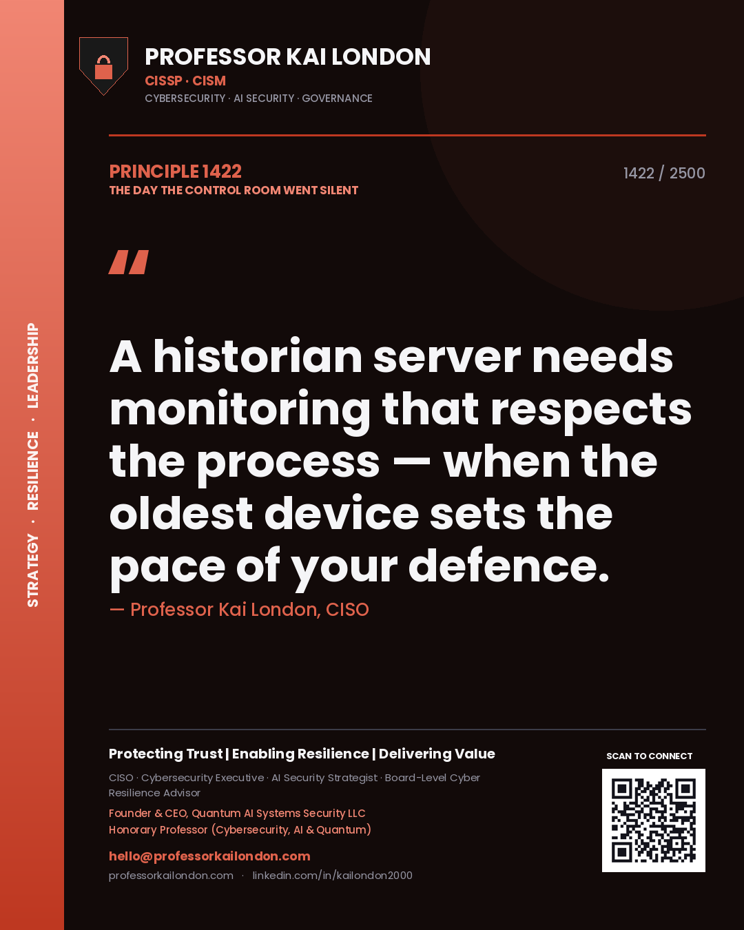 Professor Kai London principle 1422: A historian server needs monitoring that respects the process — when the oldest device sets the pace of your defence.