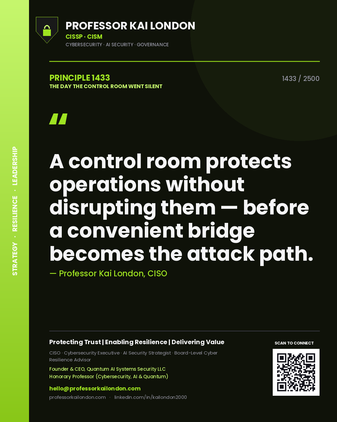 Professor Kai London principle 1433: A control room protects operations without disrupting them — before a convenient bridge becomes the attack path.