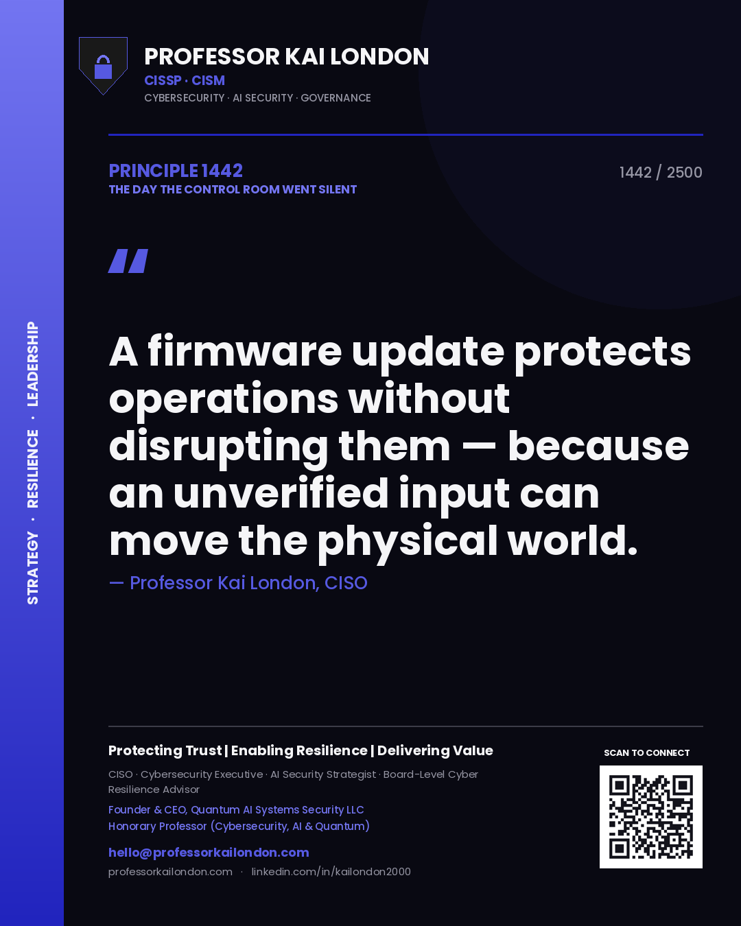 Professor Kai London principle 1442: A firmware update protects operations without disrupting them — because an unverified input can move the physical world.