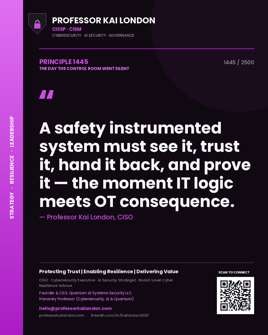 Professor Kai London principle 1445: A safety instrumented system must see it, trust it, hand it back, and prove it — the moment IT logic meets OT consequence.