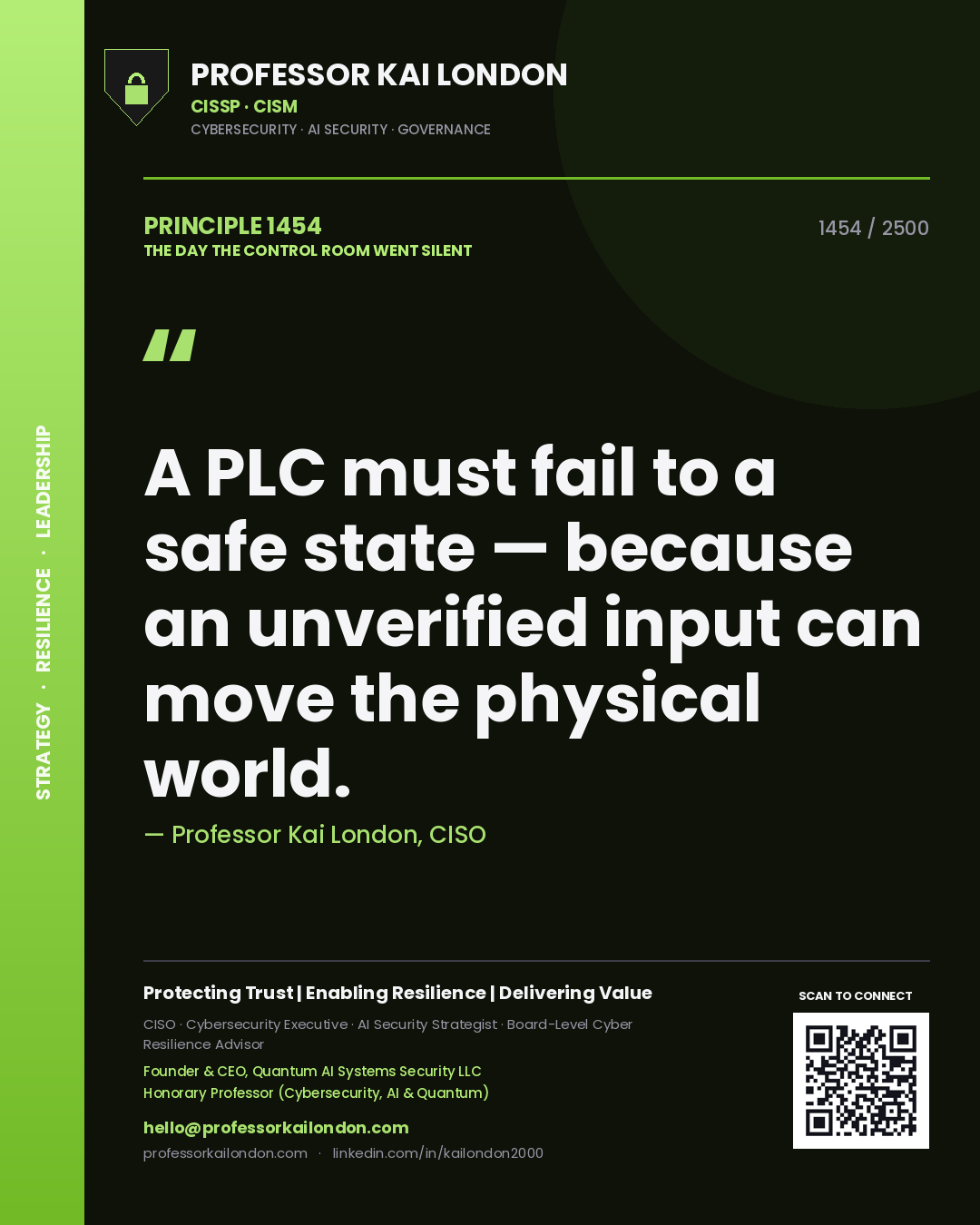 Professor Kai London principle 1454: A PLC must fail to a safe state — because an unverified input can move the physical world.
