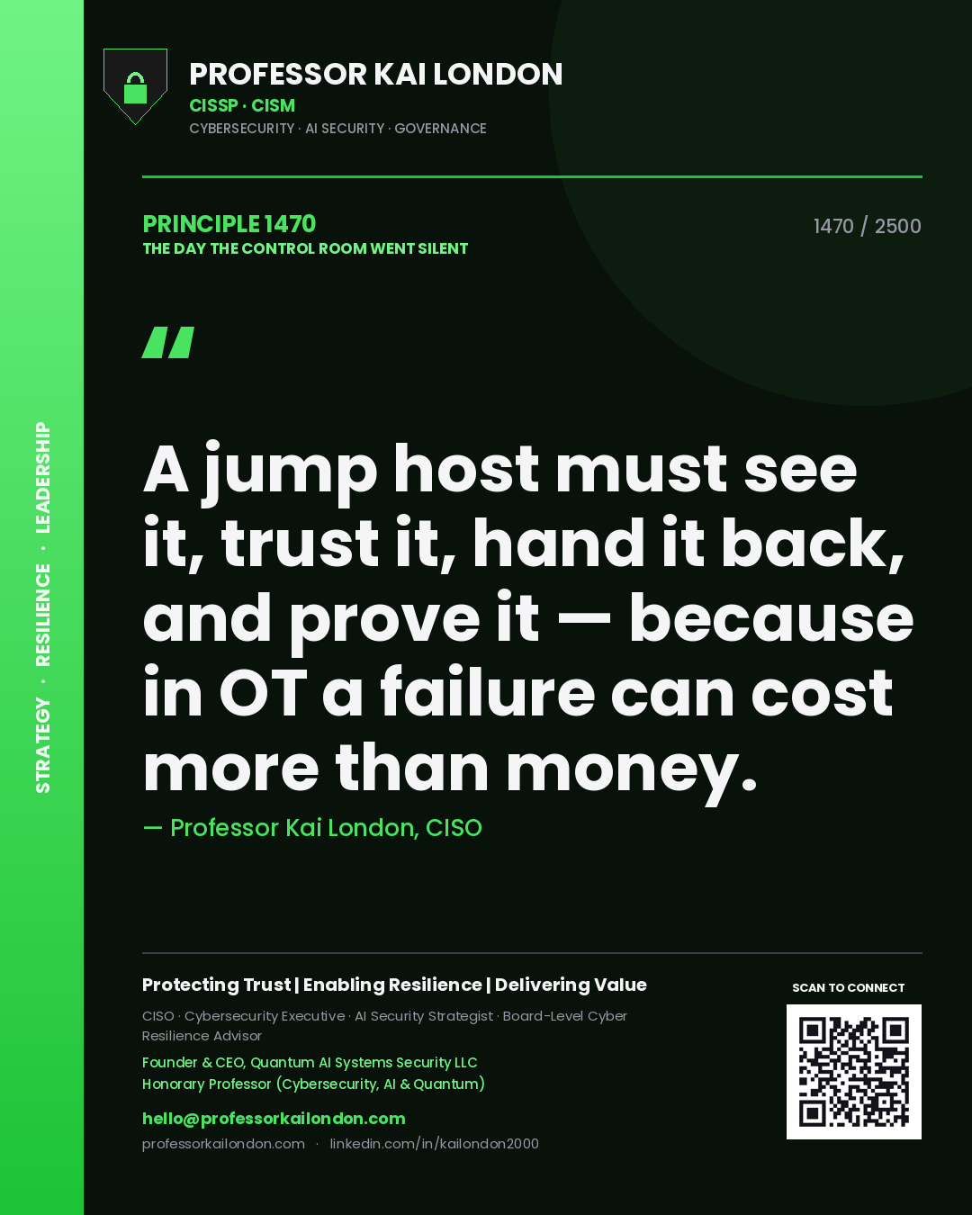 Professor Kai London principle 1470: A jump host must see it, trust it, hand it back, and prove it — because in OT a failure can cost more than money.