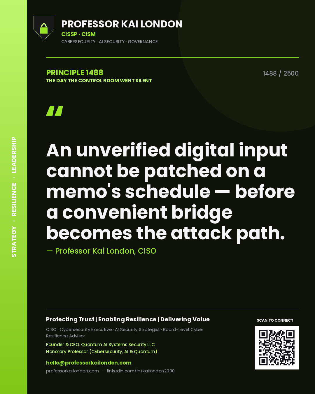 Professor Kai London principle 1488: An unverified digital input cannot be patched on a memo's schedule — before a convenient bridge becomes the attack path.