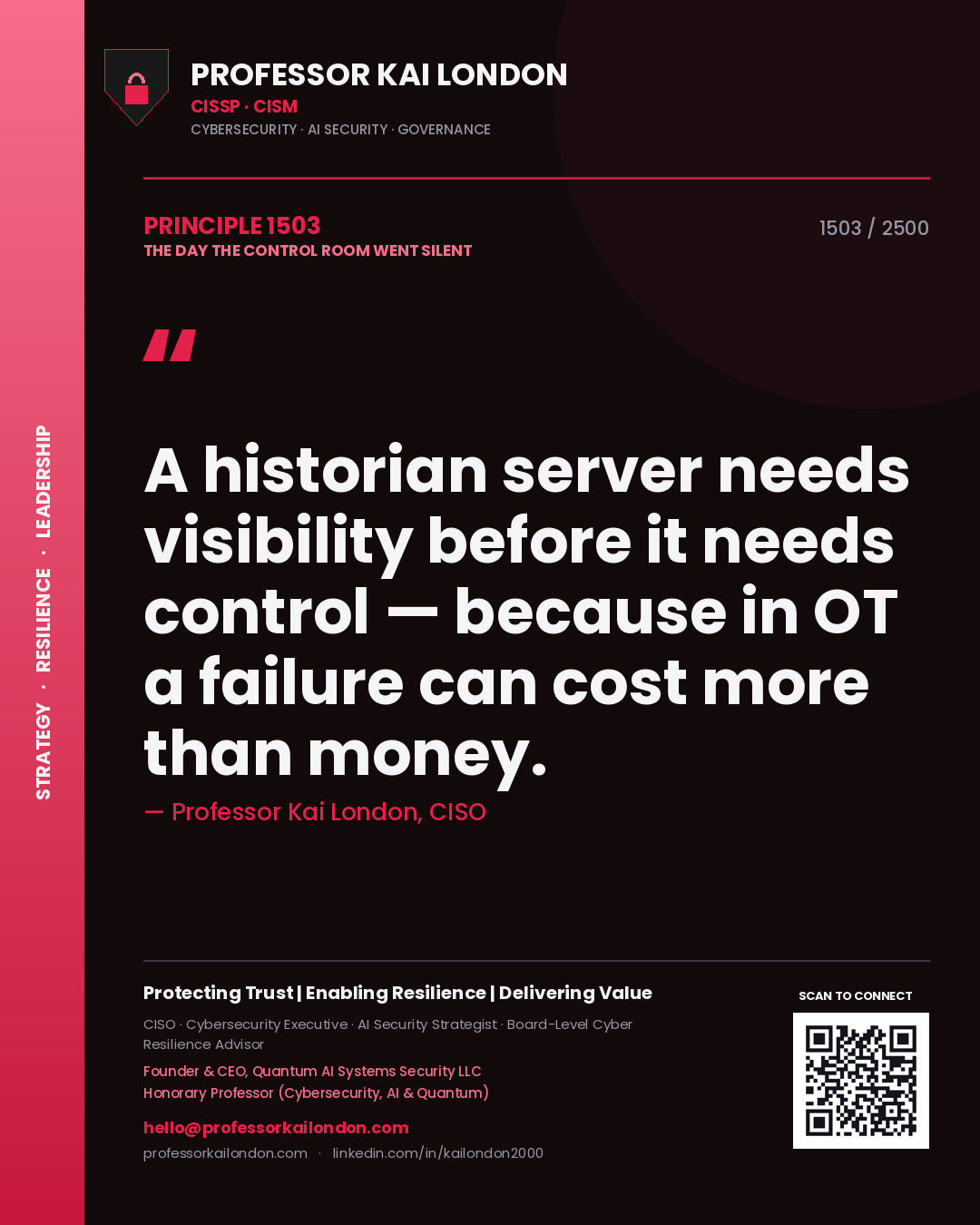 Professor Kai London principle 1503: A historian server needs visibility before it needs control — because in OT a failure can cost more than money.