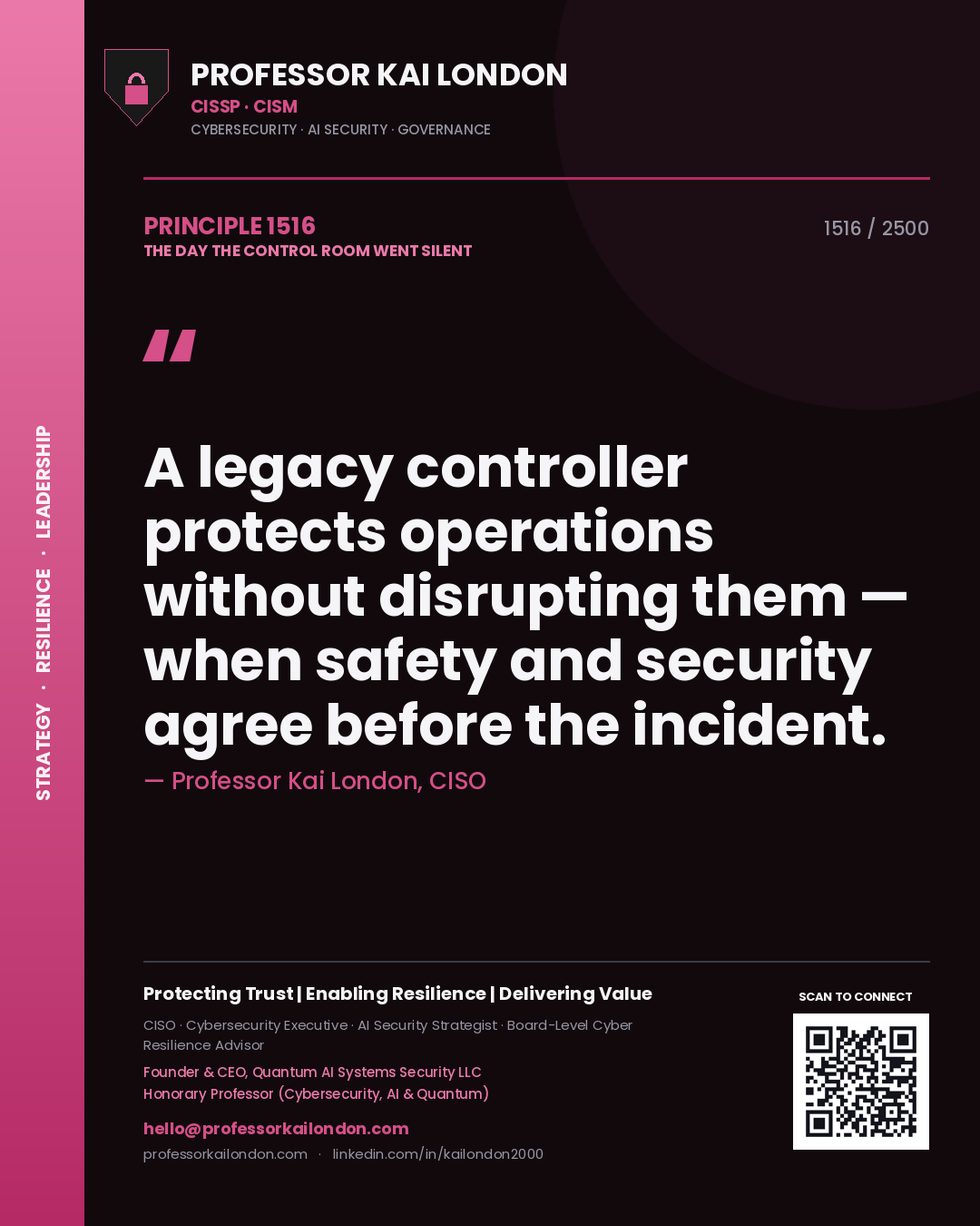 Professor Kai London principle 1516: A legacy controller protects operations without disrupting them — when safety and security agree before the incident.