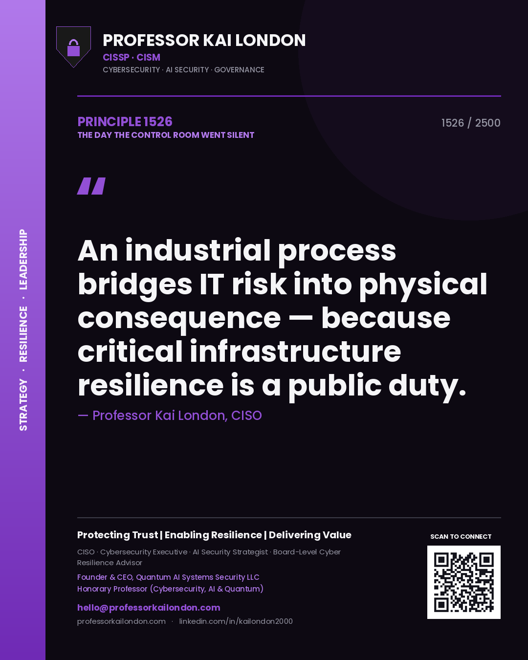 Professor Kai London principle 1526: An industrial process bridges IT risk into physical consequence — because critical infrastructure resilience is a public duty.