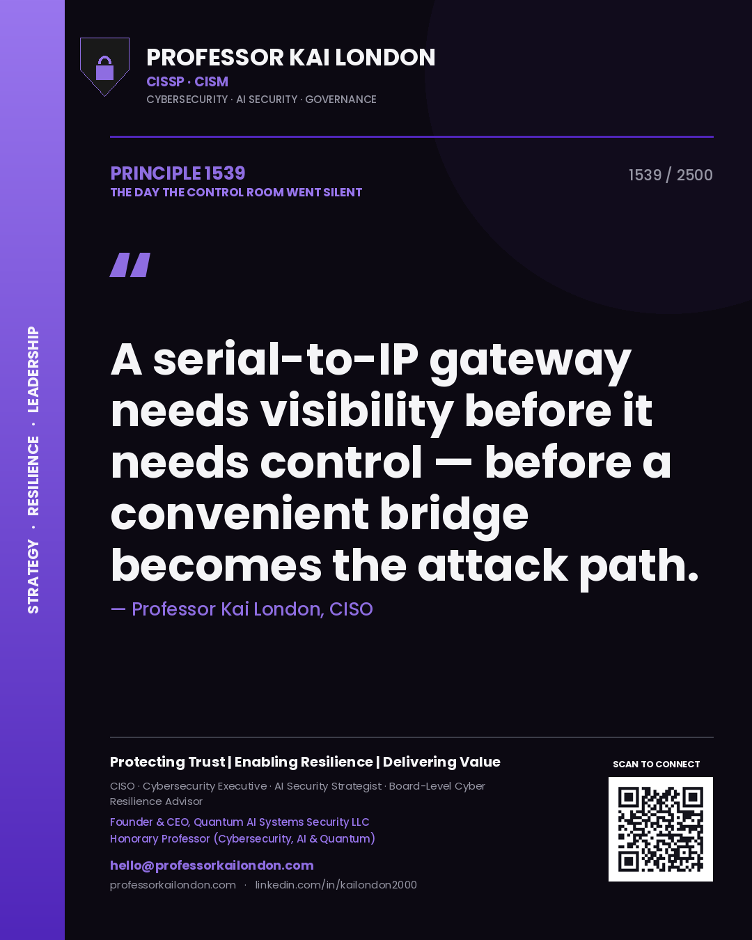 Professor Kai London principle 1539: A serial-to-IP gateway needs visibility before it needs control — before a convenient bridge becomes the attack path.
