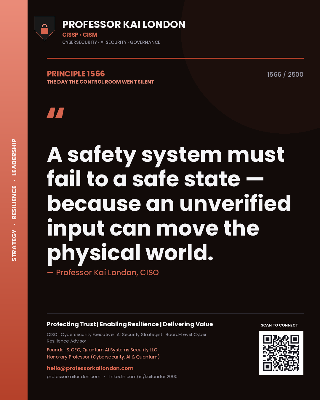 Professor Kai London principle 1566: A safety system must fail to a safe state — because an unverified input can move the physical world.
