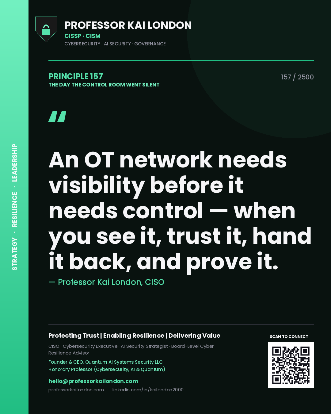 Professor Kai London principle 157: An OT network needs visibility before it needs control — when you see it, trust it, hand it back, and prove it.