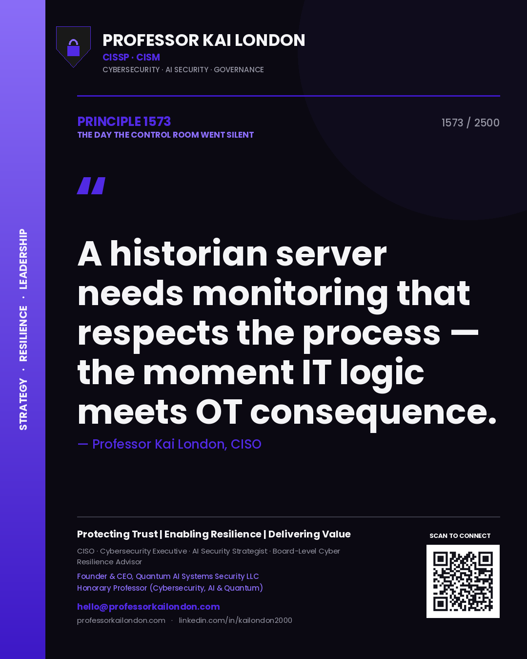 Professor Kai London principle 1573: A historian server needs monitoring that respects the process — the moment IT logic meets OT consequence.