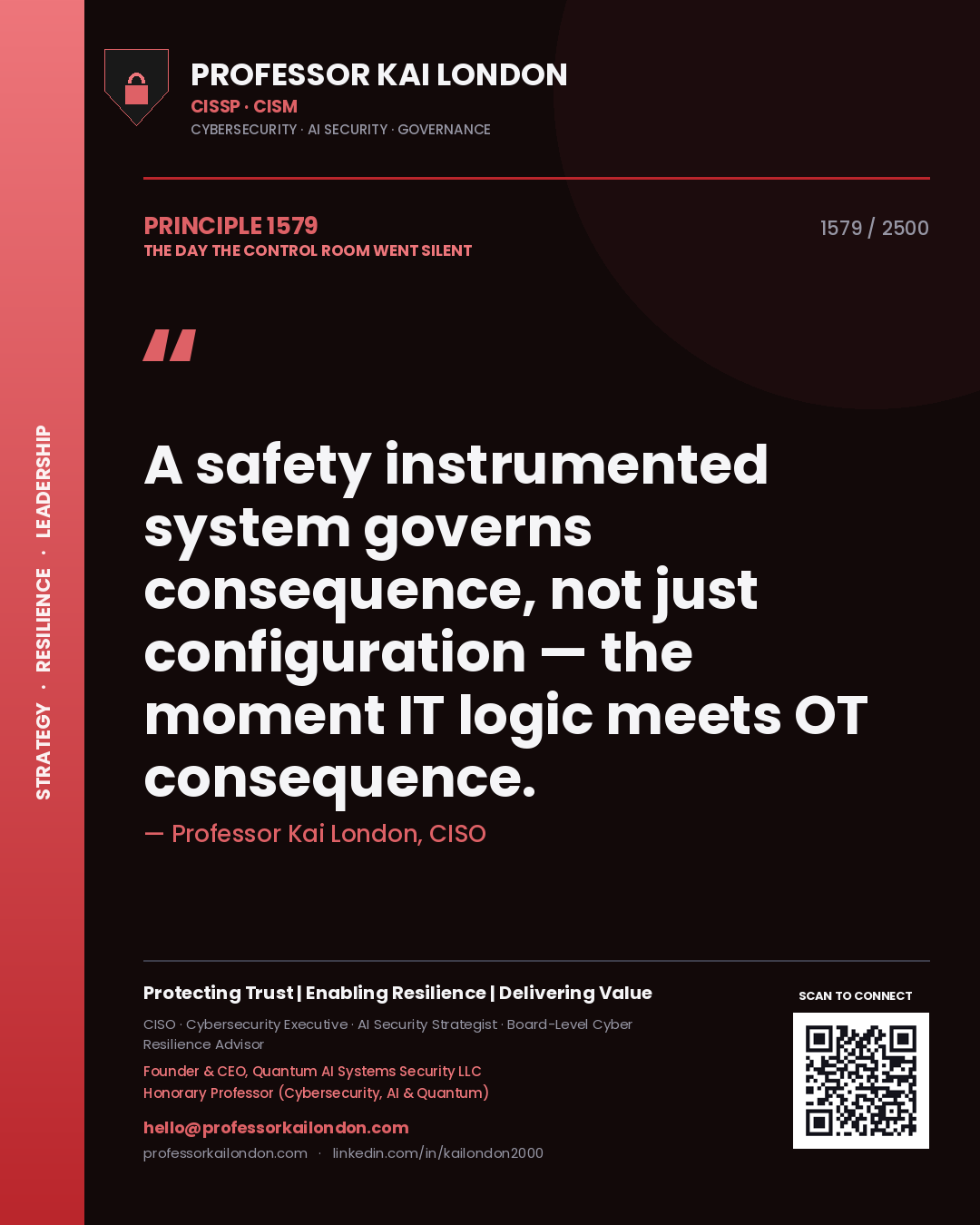 Professor Kai London principle 1579: A safety instrumented system governs consequence, not just configuration — the moment IT logic meets OT consequence.