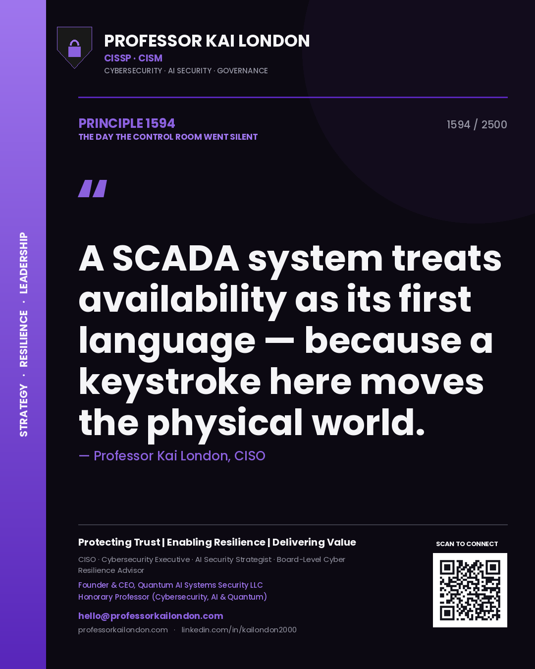Professor Kai London principle 1594: A SCADA system treats availability as its first language — because a keystroke here moves the physical world.