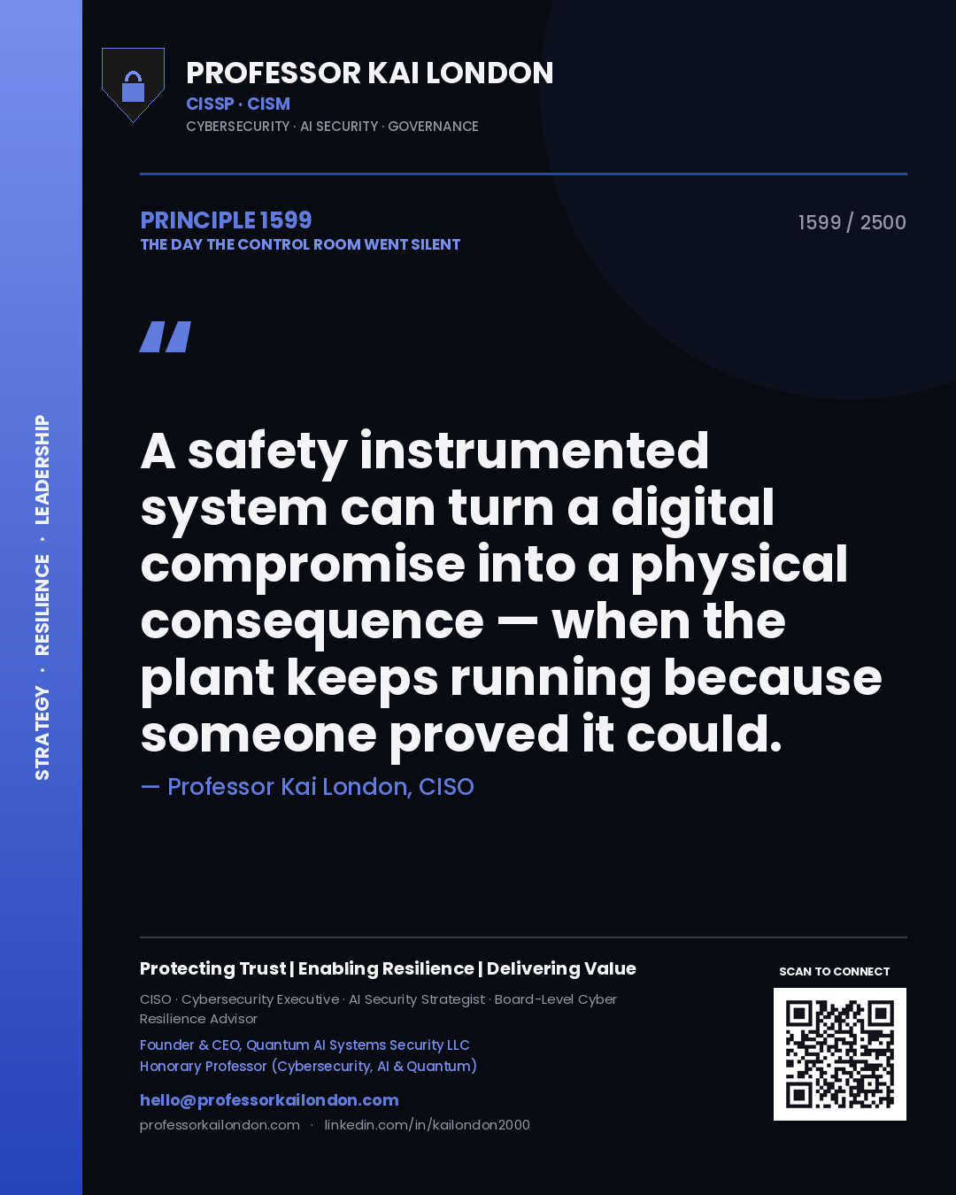 Professor Kai London principle 1599: A safety instrumented system can turn a digital compromise into a physical consequence — when the plant keeps running because someone proved it could.